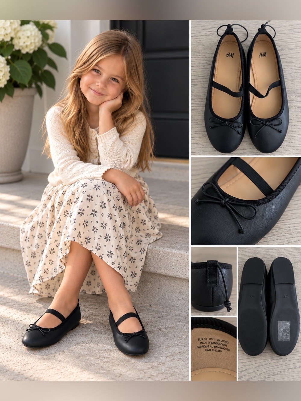 H&M Girls Black Ballet Flats with Bows | Size 1 | Never Worn